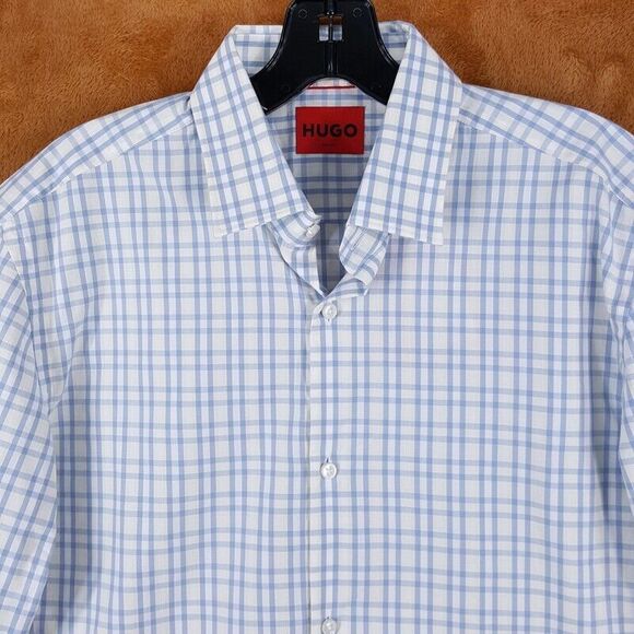 HUGO BOSS Shirt Mens 15.5 39 Blue Check Button Up Slim Fit KENNO Red Label $118 - Picture 1 of 9